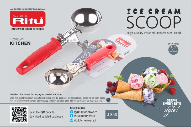 RITU Stainless Steel Ice Cream Scoop | Ergonomic Durable Food Grade Plastic Ice -Cream Serving Tool with Comfortable Handle for Home and Commercial Use Lightweight BPA Free Construction | Silver - Image 2