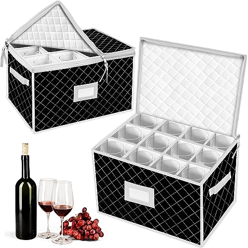 VERONLY China Storage Containers  Stemware Storage Cases for 12 Wine Champagne Glasses  2 Pack Crystal Glassware Protector Packing Boxes with Dividers and 2 Handles for Moving Black