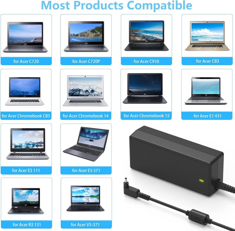 65W شاحن كمبيوتر محمول متوافق مع Acer Aspire 1 3 5 A315 A314 A317 A514 A515 E3 E5 E15 ES1 ES15, Swift 1 3 5 Series, Chromebook 11 13 14 15 مزود طاقة - Image 5