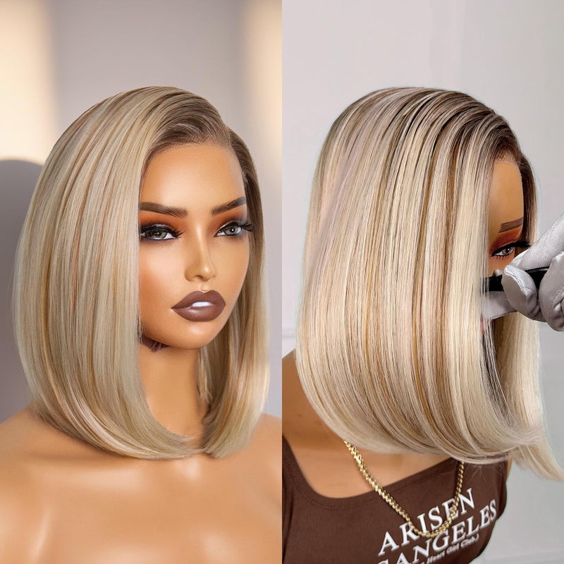 GORGIUS Ombre Blonde Bob Lace Front Wigs with Brown Roots Pre Cut Glueless Side Part Short Straight Wig For Women Pre Plucked Hairline 12 Inch - Image 1