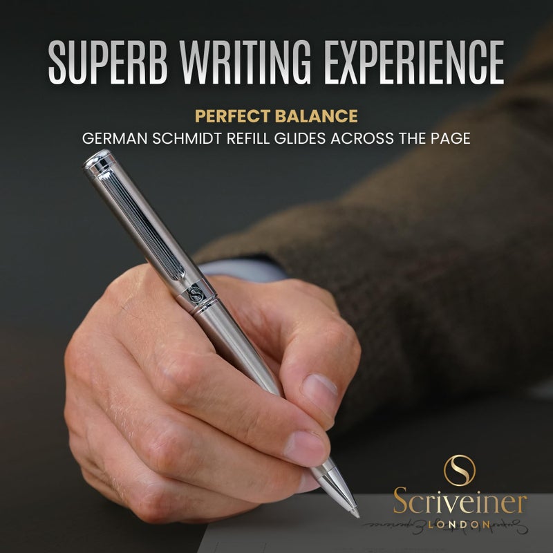 Scriveiner Stainless Steel Ballpoint Pen - Stunning Luxury Pen with Stainless Steel Finish, Schmidt Black Refill, Best Ball Pen Gift Set for Men & Women, Professional, Executive, Office, Nice Pens - Image 4