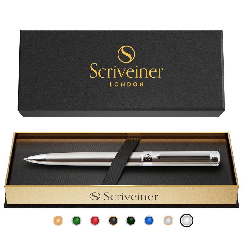 Scriveiner Stainless Steel Ballpoint Pen - Stunning Luxury Pen with Stainless Steel Finish, Schmidt Black Refill, Best Ball Pen Gift Set for Men & Women, Professional, Executive, Office, Nice Pens - Image 1