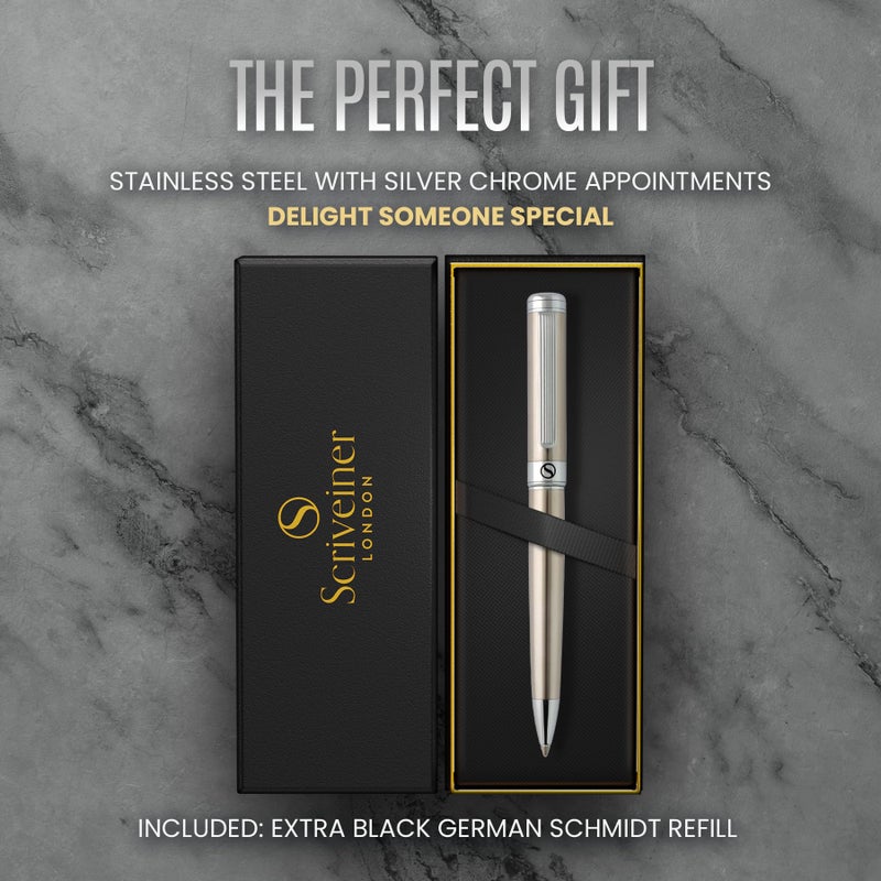 Scriveiner Stainless Steel Ballpoint Pen - Stunning Luxury Pen with Stainless Steel Finish, Schmidt Black Refill, Best Ball Pen Gift Set for Men & Women, Professional, Executive, Office, Nice Pens - Image 3