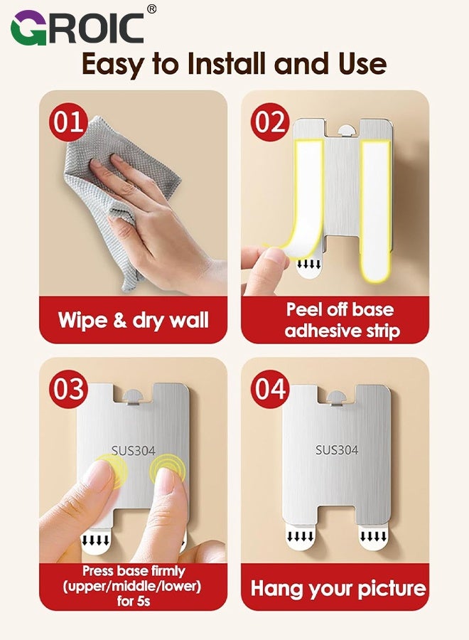 GROIC 4PCS frame hanger, Wall Picture Hanging Hooks, Stainless Steel Waterproof Adhesive Picture Hanger, No-drill hole-free nail, Frame Hanger Sticky Hooks for Bathroom, Kitchen,and Bedroom - Image 4
