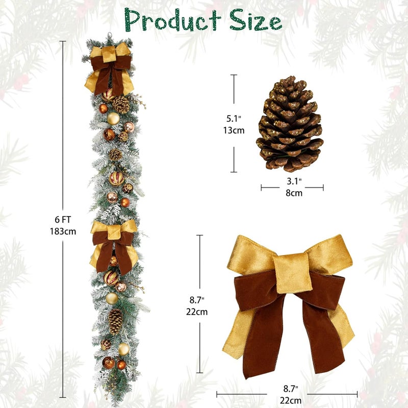 Arborus Christmas Garland for Front Door, 6 Foot Artificial Unlit Winter Garland with Pine Cones, Berry Clusters, Bronze Ball Ornaments and Ribbons for Thanksgiving Holiday Christmas Decoration - Image 2