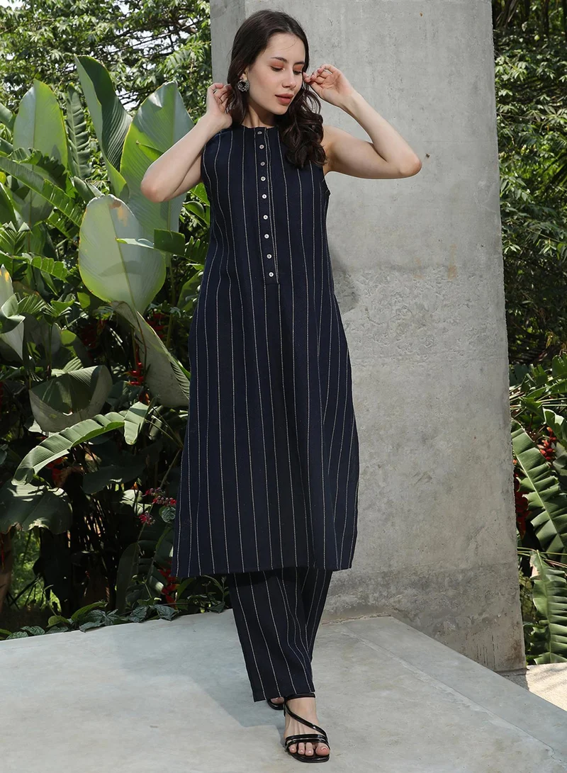 Qissa  Women's Navy Blue Simplicity Striped Kurta Set for Women | Best Price UAE