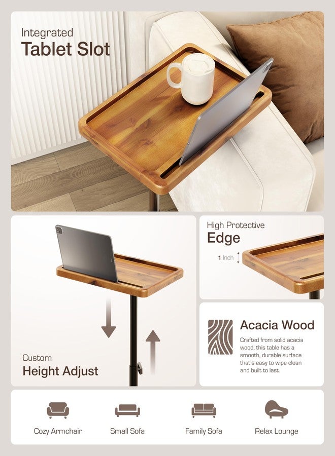 HOLANA Acacia Wood Adjustable C-Shaped Couch Table - 360° Swivel Side Table for Sofa - Small End Table for iPad, Laptop, or TV Tray - Eating Trays for Living Room or Bedside Use (Acacia) - Image 3