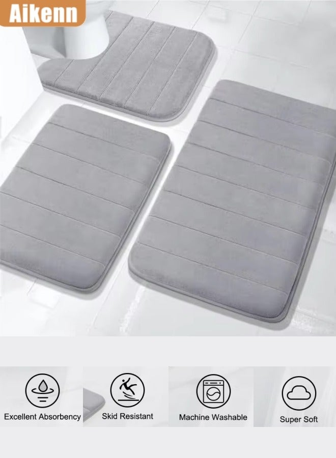 Aikenn Bath Rug Mat,Coral Bathroom Rug Set 3 Pieces Ultra Soft,Extra Thick And Absorbent Bath Rugs, Non-Slip Soft Plush Bath Carpet,Absorbent And Washable Bath Rug Non-Slip,Bath Mats For Bathroom(Grey)  - Image 1