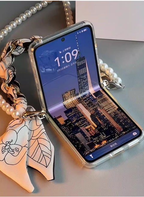 هواوي جيب 2 الهاتف المحمول القضية P50 جيب جالاكسي Z Flip5 حزمة كاملة الترا رقيقة لؤلؤة مائلة تمتد سلسلة