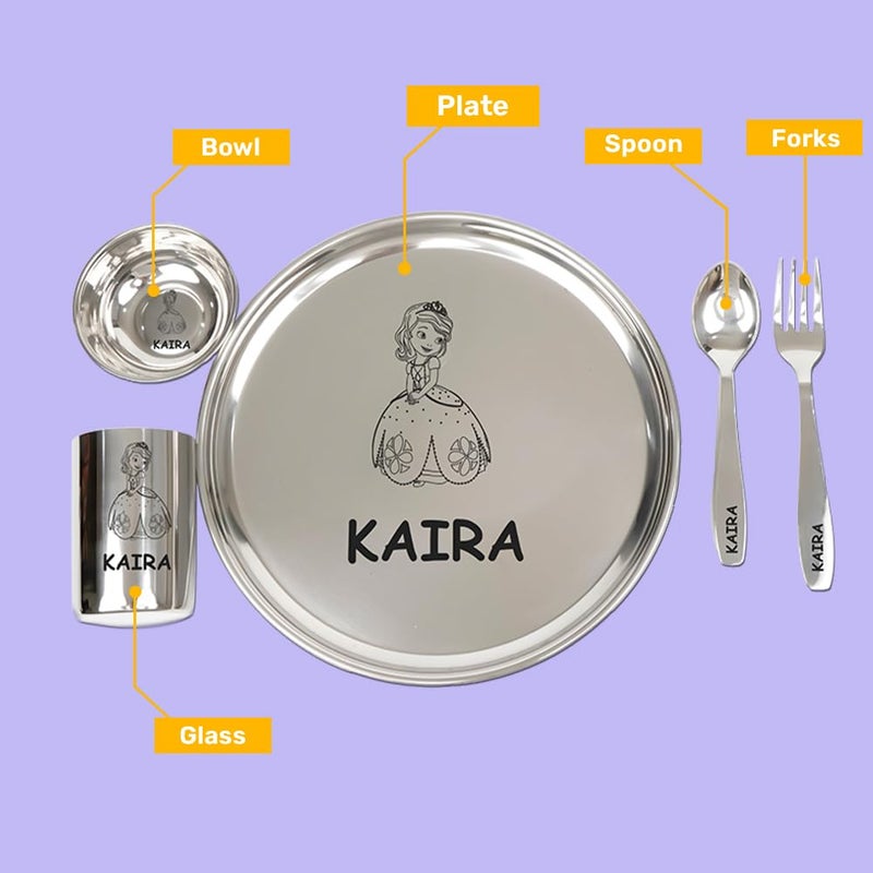 Your Gift Studio Personalized Meal Time 5pcs Combo Gift Set | Premium Stainless Steel Customized Plate Glass Fork Spoon Sweet Bowl Set | Best Gift for Raksha Bandhan Festival Birthday Boys Girls Kids - Image 2