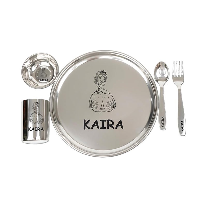 Your Gift Studio Personalized Meal Time 5pcs Combo Gift Set | Premium Stainless Steel Customized Plate Glass Fork Spoon Sweet Bowl Set | Best Gift for Raksha Bandhan Festival Birthday Boys Girls Kids - Image 1