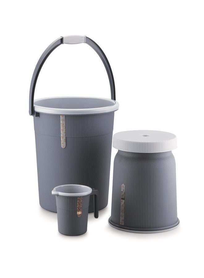 Nabhya Newton Jumbo 3 Pc Luxurious Complete Bathroom Set & Accessory for Home, Kitchen & Bathroom Set Includes 25 L Bucket, Big Heighted Stool & 1.5 L Mug (Black) - Image 1