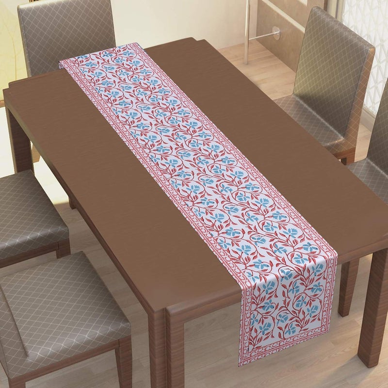 TEXSTYLERS Canvas Block Printed JaipuriRajasthani Pattern Table Runner Pink White 16x72 Inch