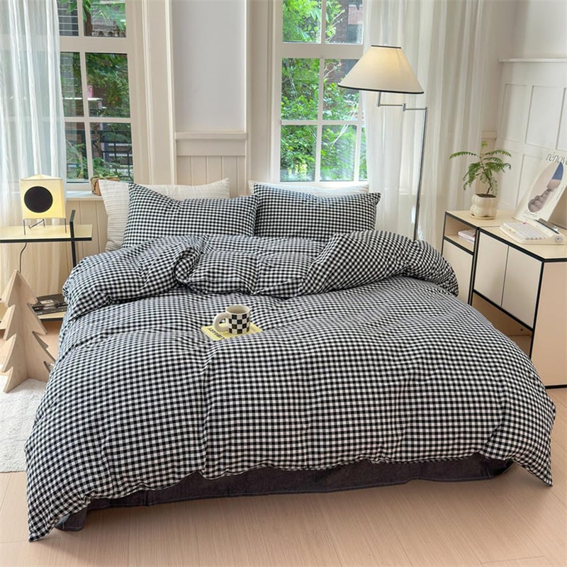 Mucalis Black White Gingham Duvet Cover King 100% Washed Cotton Black Plaid Checkered Duvet Cover Set Modern 3 Piece Grid Bedding Set with Zipper Closure Corner Ties,Durable,Breathable,Easy Care - Image 3