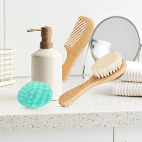 Molylove Baby Hair Brush with Wooden Handle and Comb Set for Newborns & Toddlers | Natural Soft Goat Bristles l Wood Comb l Green Cradle Cap Brush | Ideal for Cradle Cap (3 Piece) - Image 4