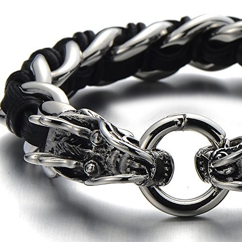 COOLSTEELANDBEYOND Stainless Steel Mens Dragon Curb Chain Bracelet Interwoven with Black Genuine Leather Strap - Image 4