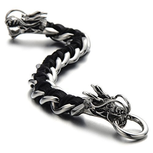 COOLSTEELANDBEYOND Stainless Steel Mens Dragon Curb Chain Bracelet Interwoven with Black Genuine Leather Strap - Image 1