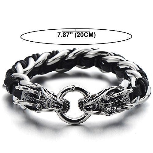 COOLSTEELANDBEYOND Stainless Steel Mens Dragon Curb Chain Bracelet Interwoven with Black Genuine Leather Strap - Image 2
