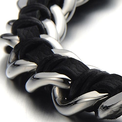 COOLSTEELANDBEYOND Stainless Steel Mens Dragon Curb Chain Bracelet Interwoven with Black Genuine Leather Strap - Image 5