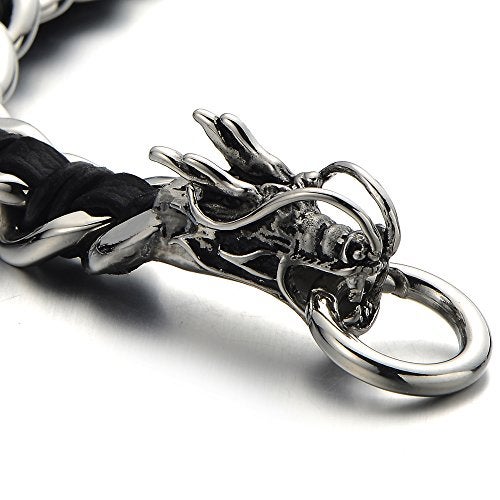 COOLSTEELANDBEYOND Stainless Steel Mens Dragon Curb Chain Bracelet Interwoven with Black Genuine Leather Strap - Image 3