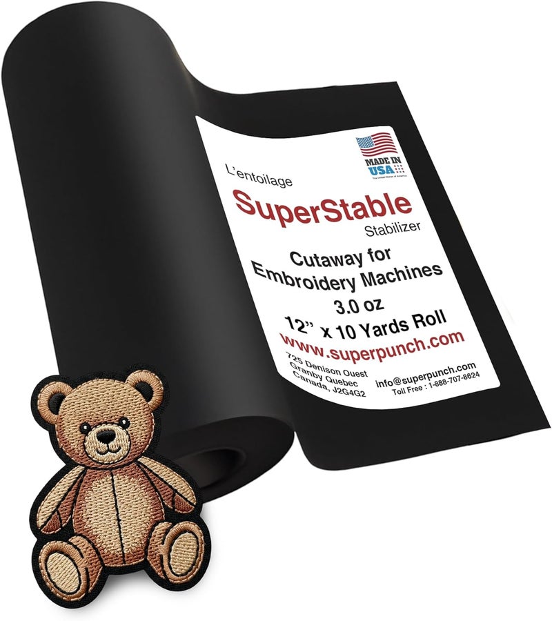 Superpunch Cutaway 3.0 oz Stabilizer for Embroidery Machines, SuperStable Black Thick Cut Away Stabilizer-12 inch x 10 Yard Roll, Cut Away Machine Embroidery Stabilizer Backing- Made in USA - Image 1