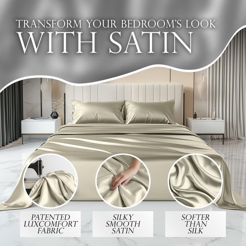 DECOLURE Satin Sheets Queen Size Set 4 Pcs - Silky & Luxuriously Soft Satin Bed Sheets w/ 15 inch Deep Pocket - Similar to Silk Sheets - Double Stitching  Wrinkle Free (Taupe) - Image 2