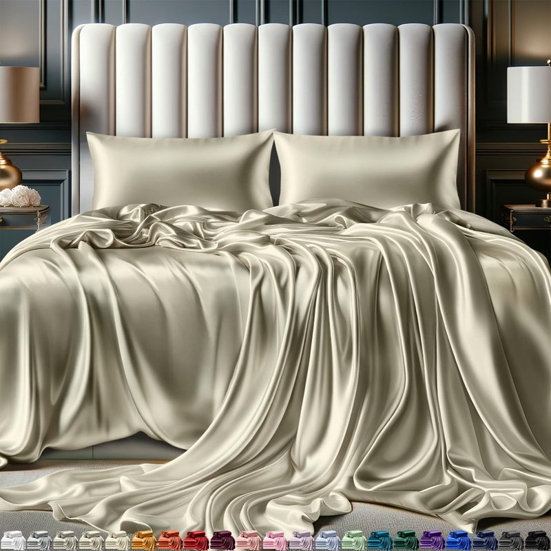 DECOLURE Satin Sheets Queen Size Set 4 Pcs - Silky & Luxuriously Soft Satin Bed Sheets w/ 15 inch Deep Pocket - Similar to Silk Sheets - Double Stitching  Wrinkle Free (Taupe) - Image 1