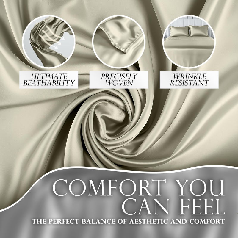DECOLURE Satin Sheets Queen Size Set 4 Pcs - Silky & Luxuriously Soft Satin Bed Sheets w/ 15 inch Deep Pocket - Similar to Silk Sheets - Double Stitching  Wrinkle Free (Taupe) - Image 3