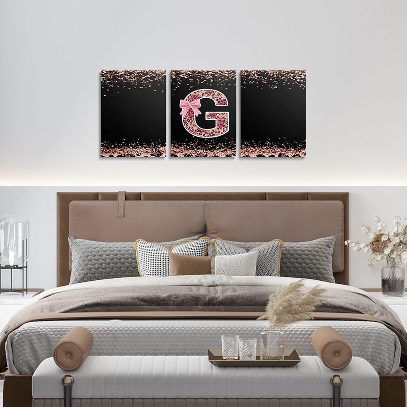 Pink Cheetah Print Pictures Wall Decor Framed Alphabet Letter G Bow 3 Piece Framed Wall Art for Living Room 16" Lx12 W Each, Cottagecore Aesthetic Coquette Monogrammed Personalized Posters for Room - Image 4