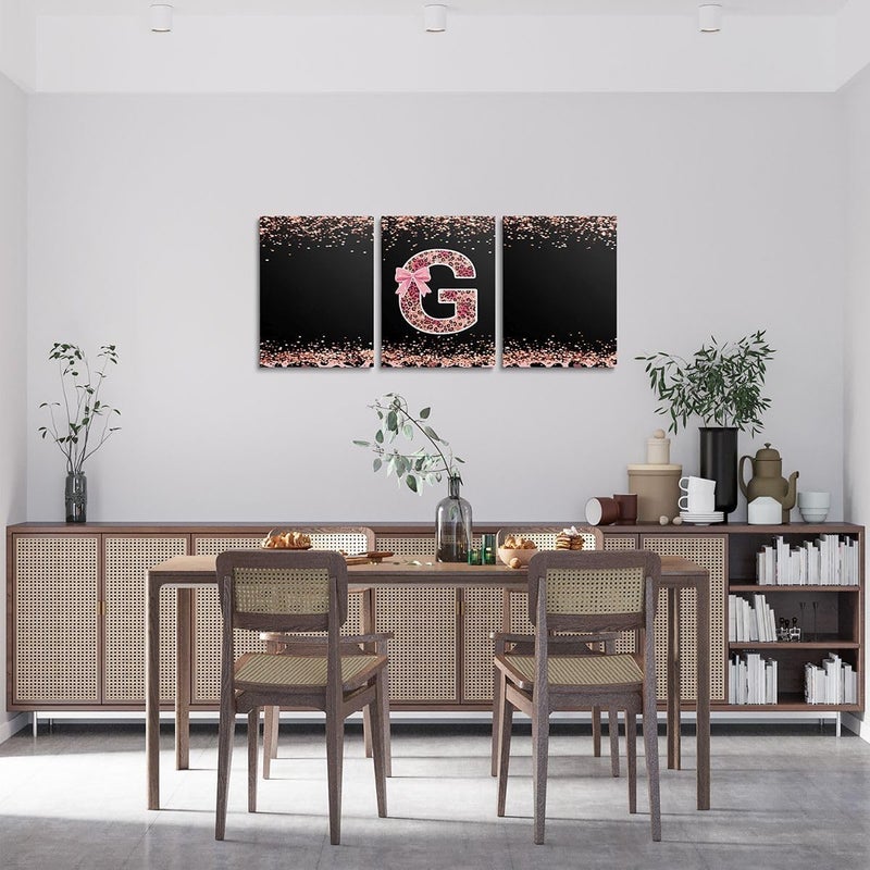Pink Cheetah Print Pictures Wall Decor Framed Alphabet Letter G Bow 3 Piece Framed Wall Art for Living Room 16" Lx12 W Each, Cottagecore Aesthetic Coquette Monogrammed Personalized Posters for Room - Image 2