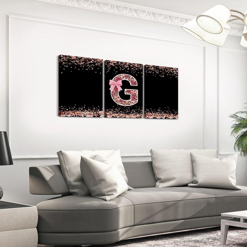 Pink Cheetah Print Pictures Wall Decor Framed Alphabet Letter G Bow 3 Piece Framed Wall Art for Living Room 16" Lx12 W Each, Cottagecore Aesthetic Coquette Monogrammed Personalized Posters for Room - Image 3
