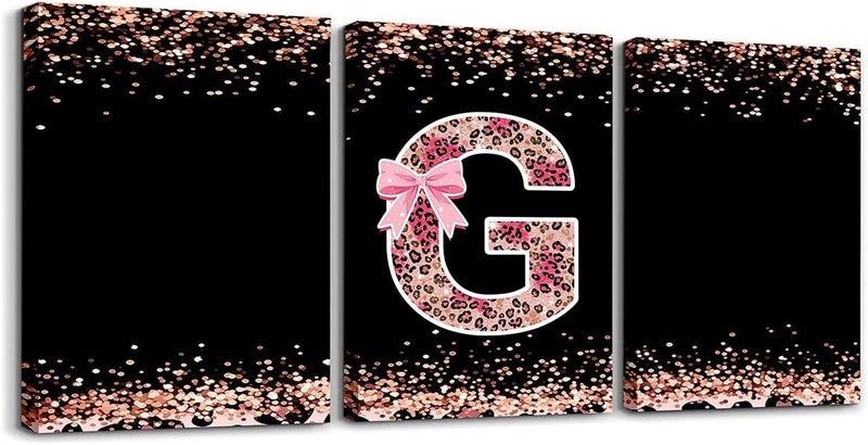 Pink Cheetah Print Pictures Wall Decor Framed Alphabet Letter G Bow 3 Piece Framed Wall Art for Living Room 16" Lx12 W Each, Cottagecore Aesthetic Coquette Monogrammed Personalized Posters for Room - Image 1