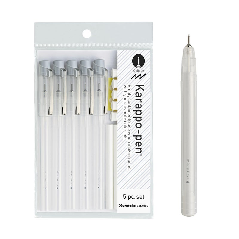 Kuretake Karappo Pen, 1mm Oblique tip 5pcs set, Empty refillable ink pen, for lettering, calligraphy, illustration, drawing, Made in Japan - Image 1
