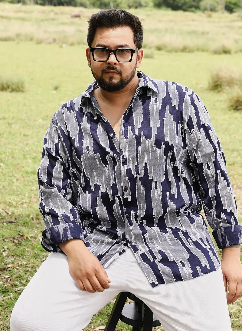 انستافاب بلس Instafab Men's Navy Blue Contrast-Distressed Jacquard Shirt | Spread Collar , Long Cuffed Sleeves , Button Closure | Abstract Jacquard | Cotton-Blend Shirt For Casual Wear
