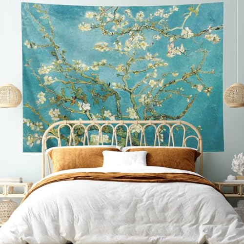 IcosaMro V. Gogh Tapestry Wall Hanging Almond Blossoms Nature Floral Wall Art [Double-Folded Hems] Rustic Wall Home Decor for Bedroom, Dorm, College, Living Room, 60x82.7 Inches, Green - Image 3