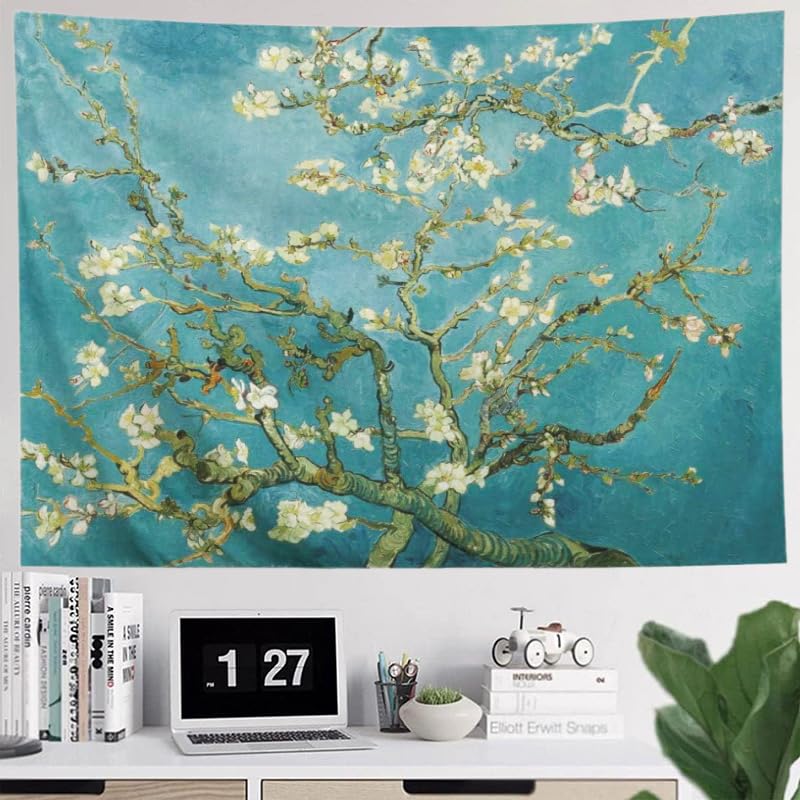 IcosaMro V. Gogh Tapestry Wall Hanging Almond Blossoms Nature Floral Wall Art [Double-Folded Hems] Rustic Wall Home Decor for Bedroom, Dorm, College, Living Room, 60x82.7 Inches, Green - Image 4
