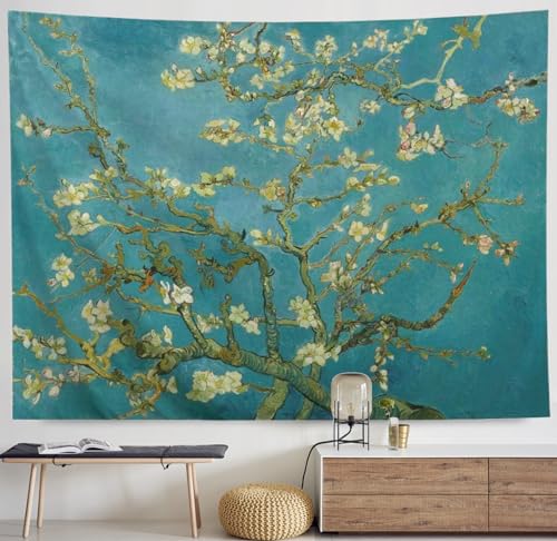 IcosaMro V. Gogh Tapestry Wall Hanging Almond Blossoms Nature Floral Wall Art [Double-Folded Hems] Rustic Wall Home Decor for Bedroom, Dorm, College, Living Room, 60x82.7 Inches, Green - Image 1