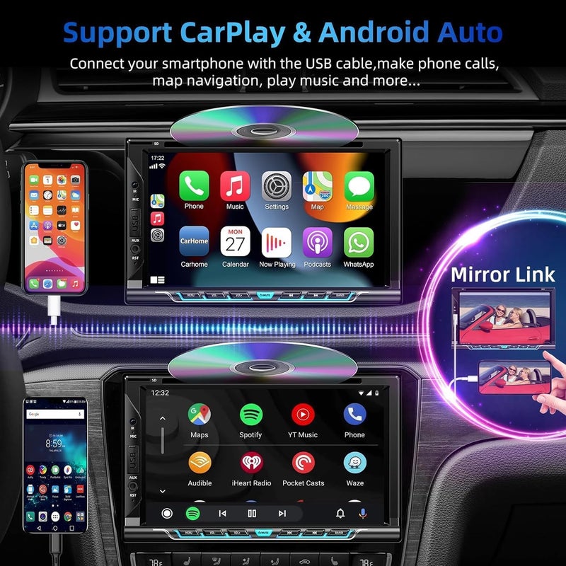 Generic Adapter-Universe Double Din car Stereo with CD/DVD Player- CarPlay & Android Auto, Car Audio with Bluetooth, 7 Inch HD Touchscreen, Rear Camera, USB/TF/AUX, AM/FM, Subwoofer Radio Receiver  - Image 2