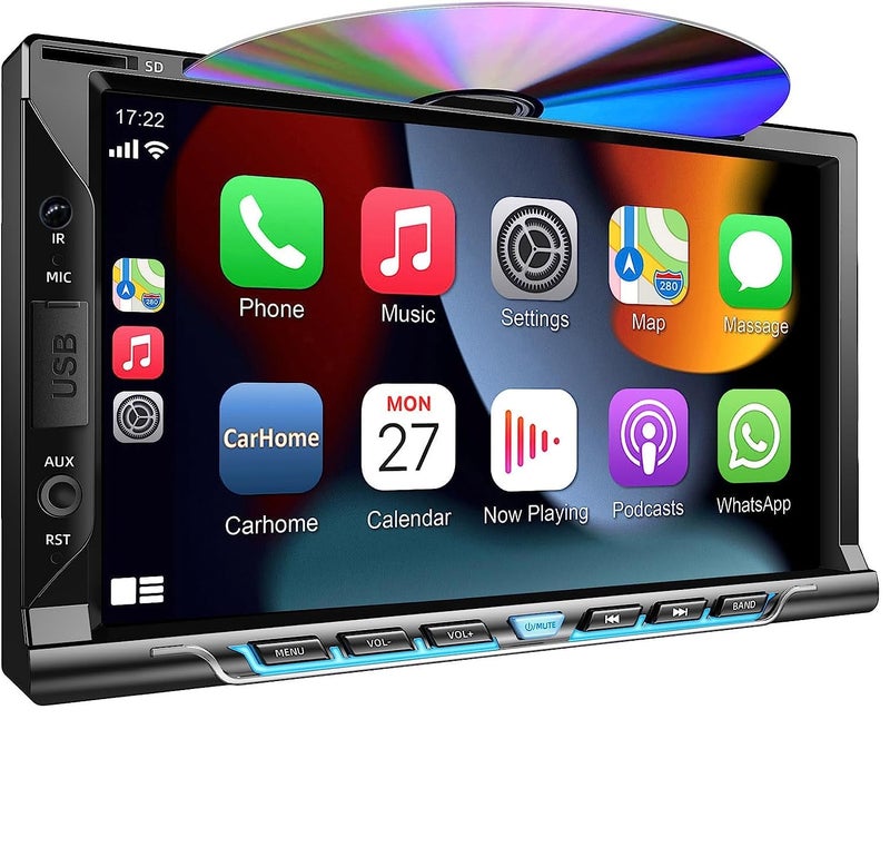 Generic Adapter-Universe Double Din car Stereo with CD/DVD Player- CarPlay & Android Auto, Car Audio with Bluetooth, 7 Inch HD Touchscreen, Rear Camera, USB/TF/AUX, AM/FM, Subwoofer Radio Receiver  - Image 1