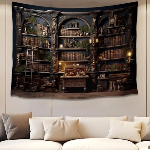 QGHOT Medieval Bookshelf Tapestry Vintage Bookcase Library Backdrop Old Books Dark Academia Large Tapestries Wall Hanging for Bedroom Living Room Office Zoom Background 80x60in - Image 1