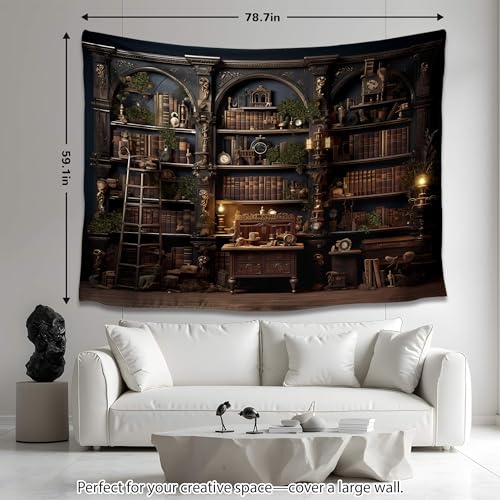 QGHOT Medieval Bookshelf Tapestry Vintage Bookcase Library Backdrop Old Books Dark Academia Large Tapestries Wall Hanging for Bedroom Living Room Office Zoom Background 80x60in - Image 5