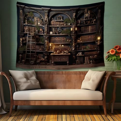 QGHOT Medieval Bookshelf Tapestry Vintage Bookcase Library Backdrop Old Books Dark Academia Large Tapestries Wall Hanging for Bedroom Living Room Office Zoom Background 80x60in - Image 3