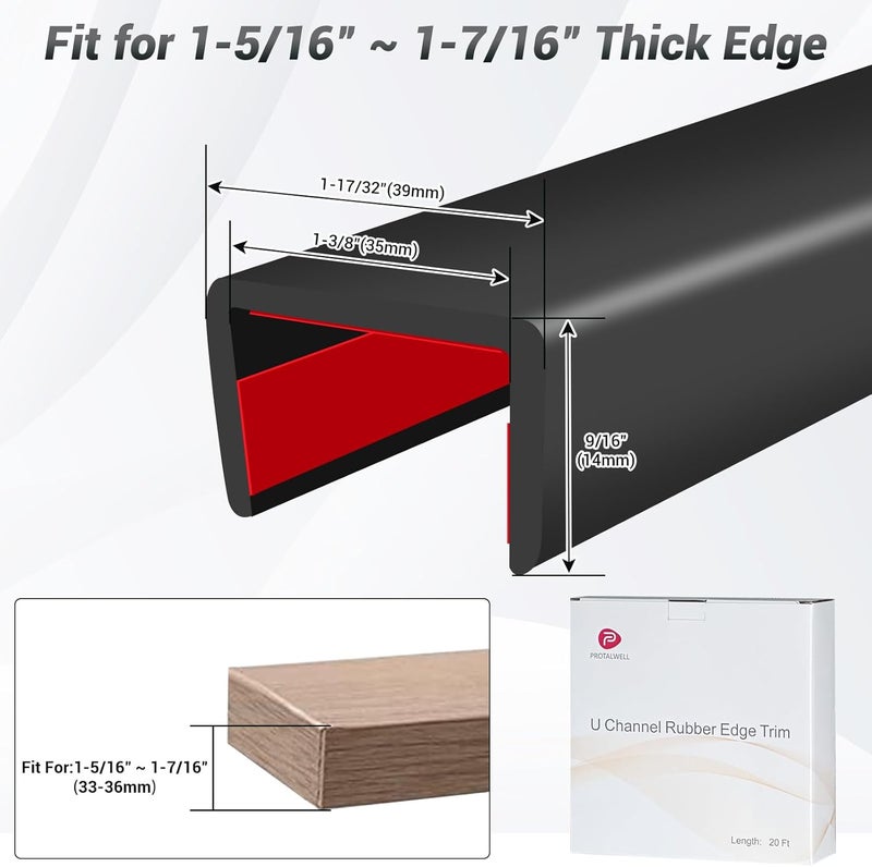 Protalwell Rubber Edge Trim, 1-3/8 inch Wide U Channel Edge Trim, Big Size U Shaped Trim, Self Adhesive Edge Banding for Plywood, Woods, Doors, Shelf, Cabinet, Countertop, Length 20Ft, Black Gloss Finish - Image 2