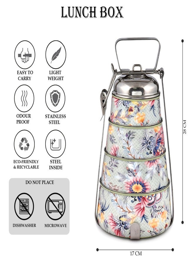 Elan Stainless Steel Lunch Box with Handle | Tiffin with Lid and Handle | 4 Compartment Traditional Tiffin Box | Easy to Carry | Locking Clip | School and Office Use (1470ml, Fern Green) - Image 2
