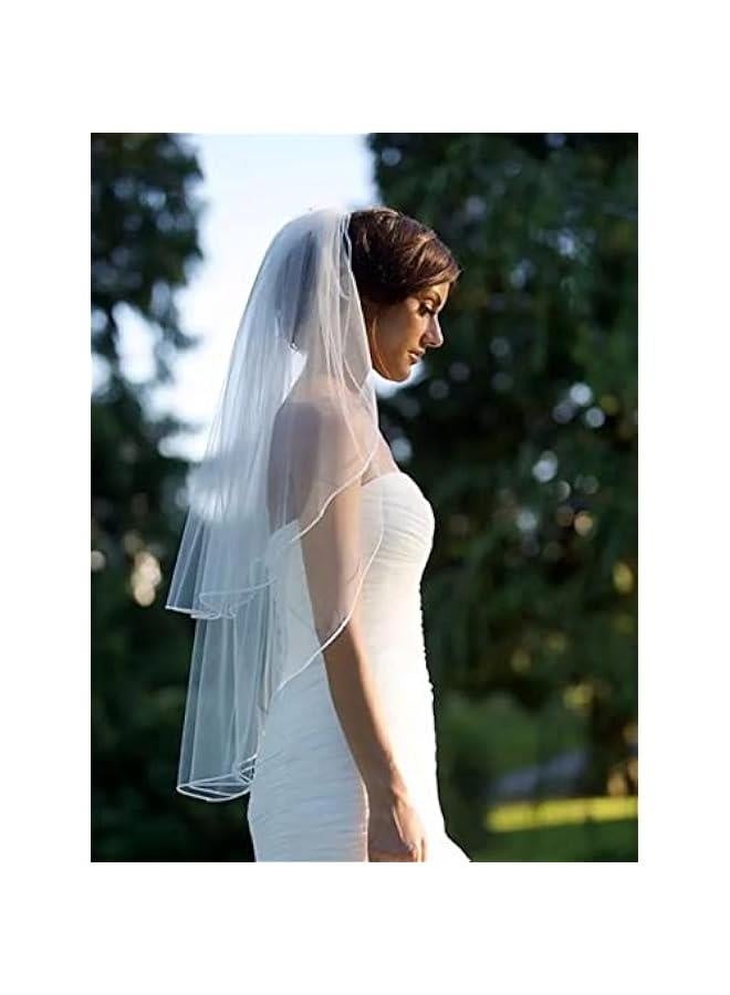 2 Tier Bride Wedding Veil Elbow Length Short Bridal Tulle Veils Ribbon Edge Veils with Comb for Brides and Women - Image 4