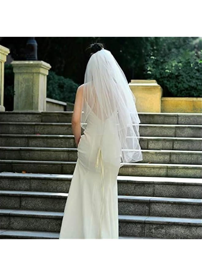 2 Tier Bride Wedding Veil Elbow Length Short Bridal Tulle Veils Ribbon Edge Veils with Comb for Brides and Women - Image 3