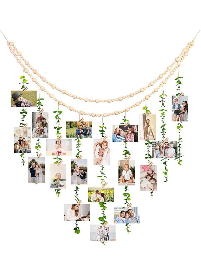 erorex Hanging Photo Display Holder Wall Decor With Wooden Cards Clips Style Picture Frame Wood Beads Garland Artificial Eucalyptus Plant Home Decoration For Farmhouse Greenery Cubicle Bedroom  - Image 1
