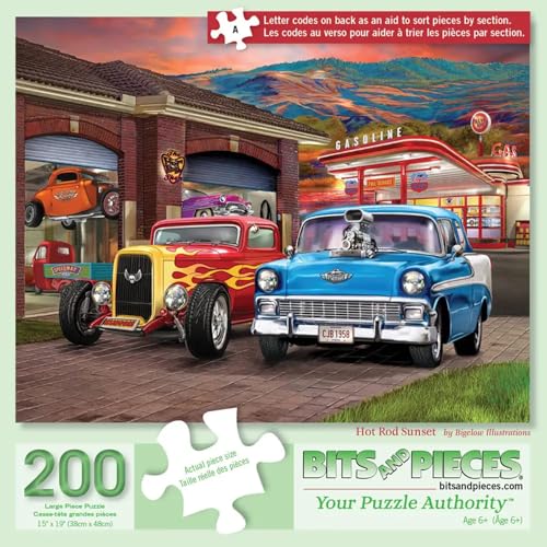 Bits and Pieces 200 Piece Puzzles for Adults Hot Rod Sunset 200 Extra Large Pieces 15 x 19 Jigsaw Puzzles Classic Cards Hot Rods No 2 Pieces Alike - Image 1