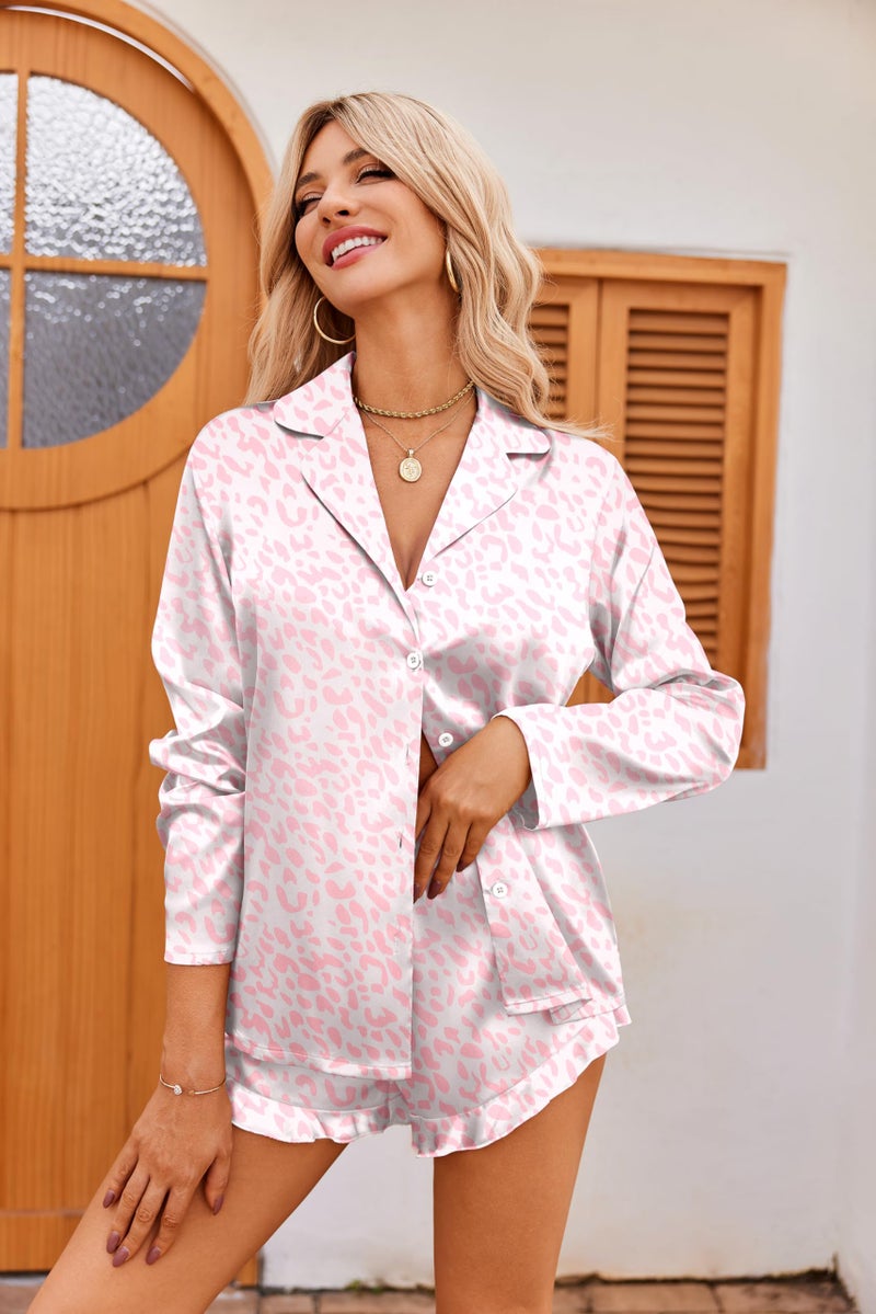 Ekouaer Womens Satin Pajama Sets Long Sleeve Top and Shorts Lounge Set Button Down Sleepwear Leopard Pink S - Image 2