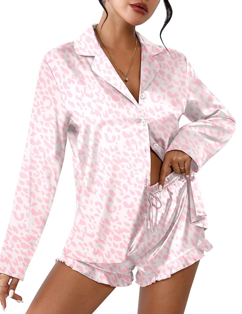 Ekouaer Womens Satin Pajama Sets Long Sleeve Top and Shorts Lounge Set Button Down Sleepwear Leopard Pink S - Image 1